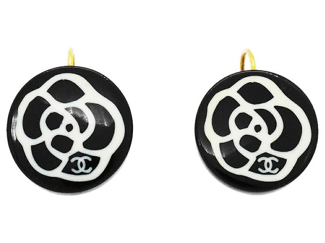 Pendientes de botón Chanel Coco Mark Camelia Chapados en Oro Negro Blanco Dorado