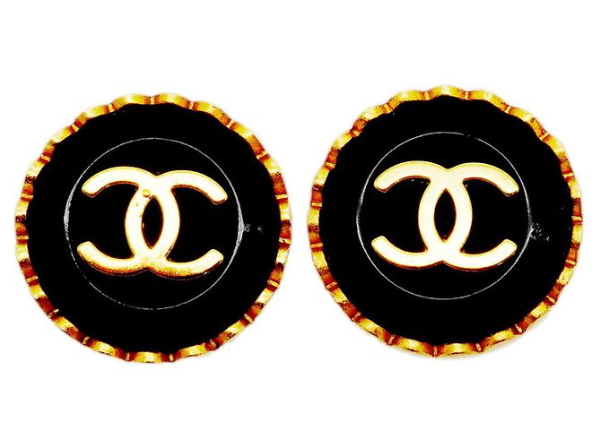 Classique Boucles d'oreilles clips Chanel Coco Mark Circle Noir Doré