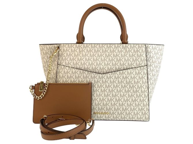 Bolsa de Ombro Michael Kors Medium Ivory Gray Marrom Cru