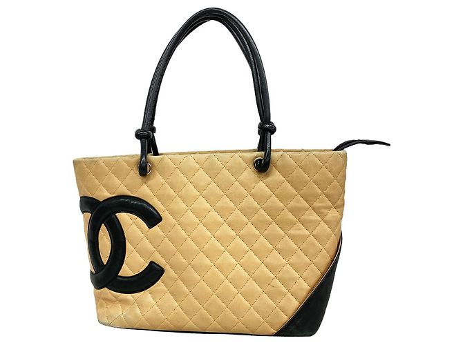 Saco Tote Chanel Cambon em Pele de Cordeiro Marrom Preto