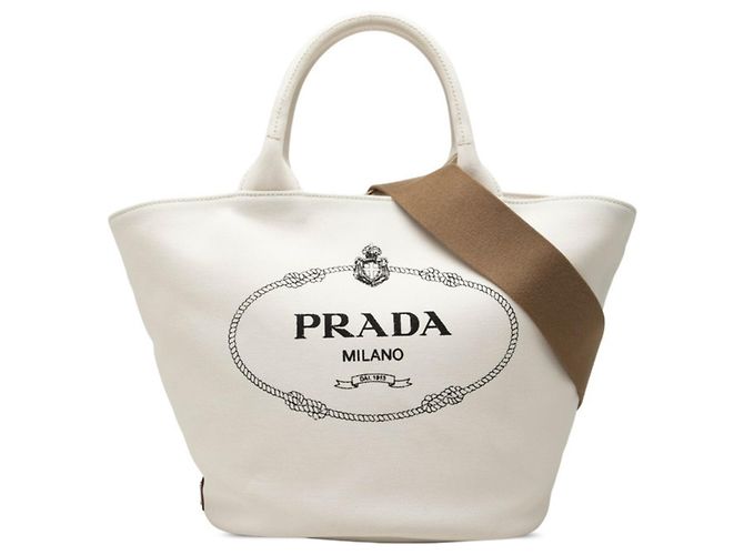Tote Sac cabas Prada en canapa avec plaque logo triangle Blanc