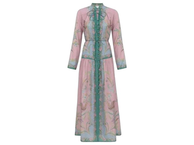 Zimmermann Vestido Maxi Indra de Seda Estampada Rosa Azul Dourado Verde