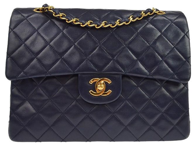 Chanel Vintage Classic Double Flap Quilted Lambskin Medium Bleu Marine