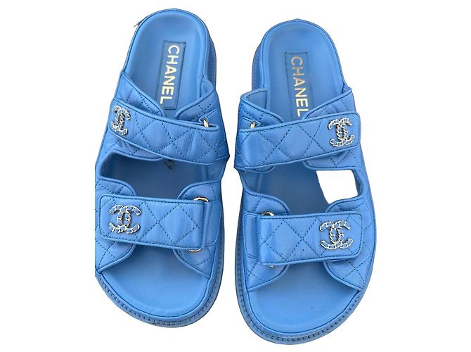 Chanel Blue Quilted Leather Flat Sandals
