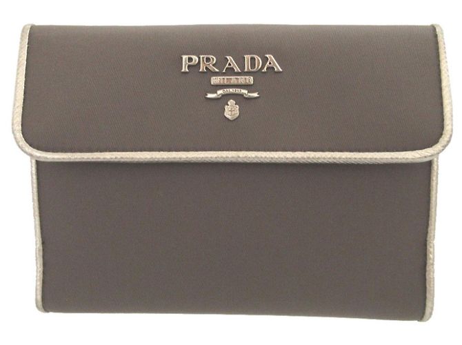 Portefeuille à double pression Prada en cuir Saffiano et Tessuto Marron Argenté