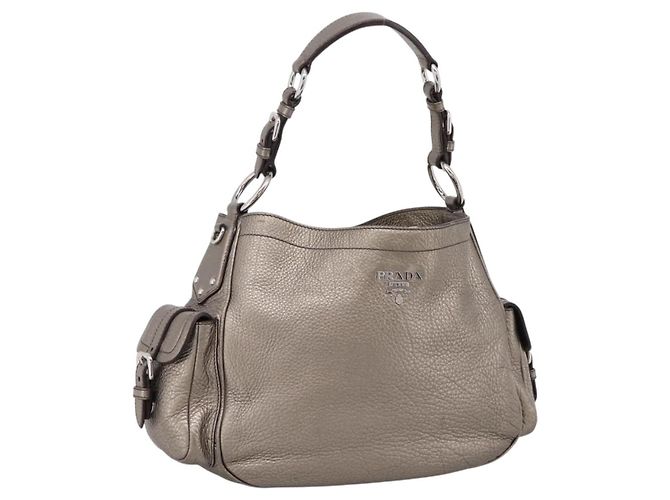 PRADA Shoulder Bag Leather Silver BR3353 Auth am12759V Silvery