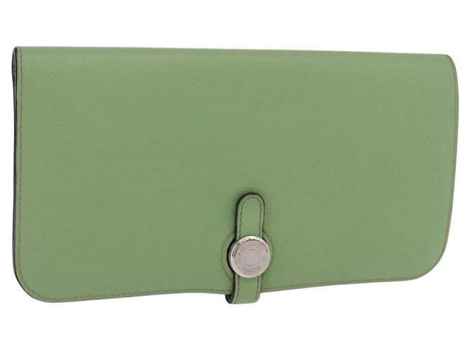 Hermès HERMES Dogon Long Wallet Leather Green Silver Auth 206778M Silvery
