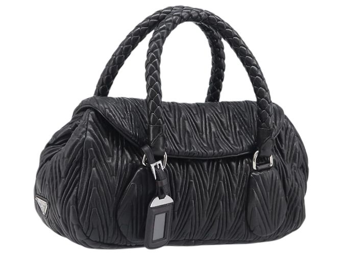 Borsa a mano PRADA in pelle nera argento BN1235 Auth am12716A Nero