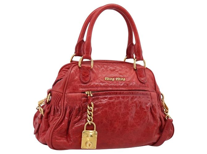 Miu Miu Hand Bag Leather 2way Red Gold Auth 205034V Golden