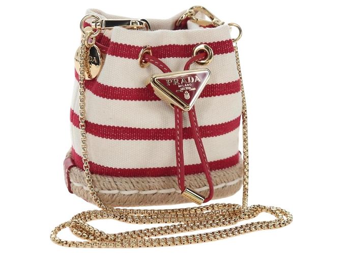 PRADA Chain Shoulder Pouch Canvas Red Gold Auth LN218M Golden