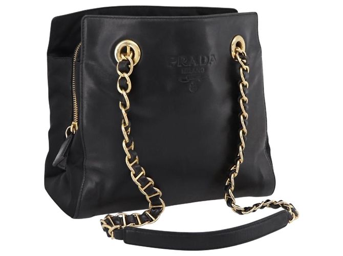 PRADA Chain Tote Bag Leather Nylon Black Gold Auth am12698V Golden