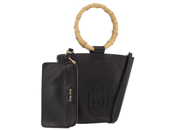 Bolsa de mão Miu Miu com alça de bambu em couro 2way Preta Dourada Auth 206928M Preto Dourado