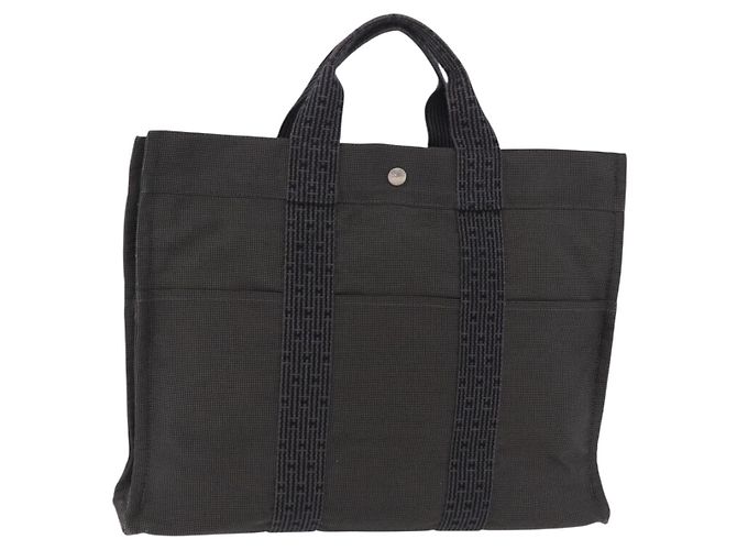 Hermès Sac à main HERMES Her Line MM Canvas Gris Argent Auth 206892A Marron Argenté