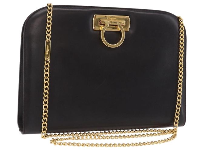Borsa a tracolla Salvatore Ferragamo Gancini Chain in pelle marrone e oro Auth ka6429A