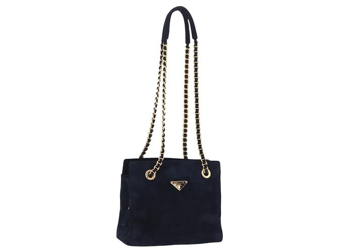 PRADA Chain Shoulder Tote Bag Suede Navy Gold Auth 207632V Golden Navy blue