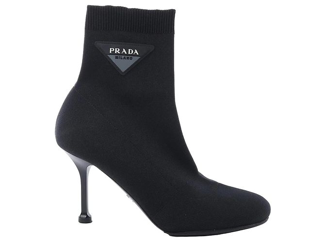 Prada Triangle Logo Leder x Stoff SOCK BOOTS in Schwarz, Größe EU 38