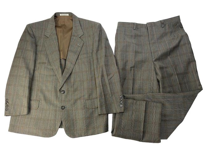 Vintage Givenchy Men's Wool Suit Set Plaid Late 1980s M Grey