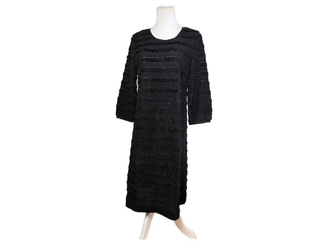 Courreges Vintage Courrèges Midikleid mit strukturierten Streifen Schwarz M