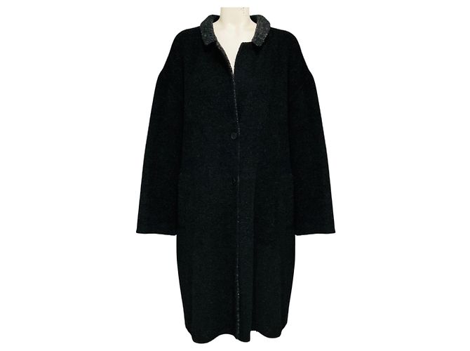 Givenchy Dark Charcoal Grey / Black Contrasting Lapel Single Breasted Alpaca Fur Coat