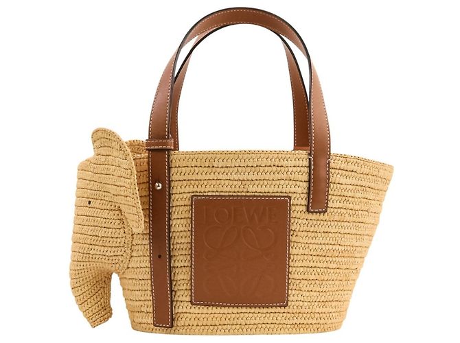 Sac cabas Loewe Elephant Basket Small en raphia et cuir de veau Marron