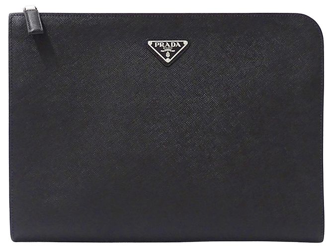 Prada Saffiano Triangle Clutch Bag Black