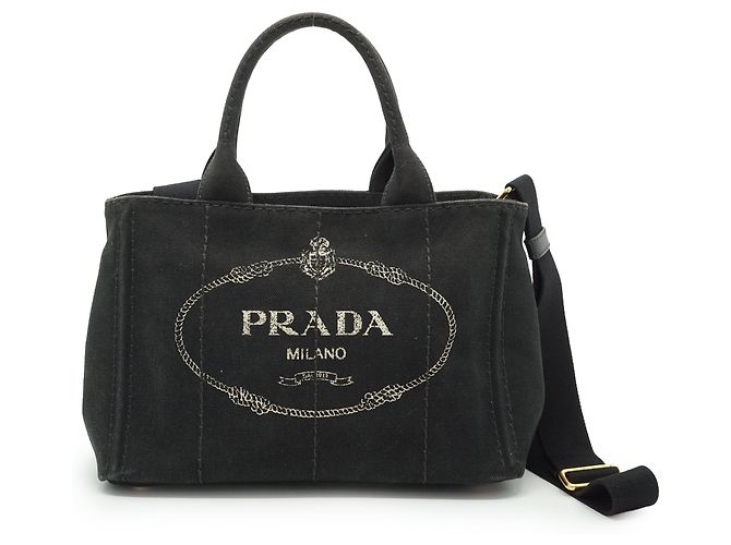 Prada Canapa Tote Mini Nera in Cotone e Pelle Nero
