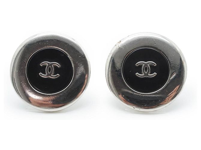 Chanel Bicolor runde Clip-Ohrringe Schwarz Silber