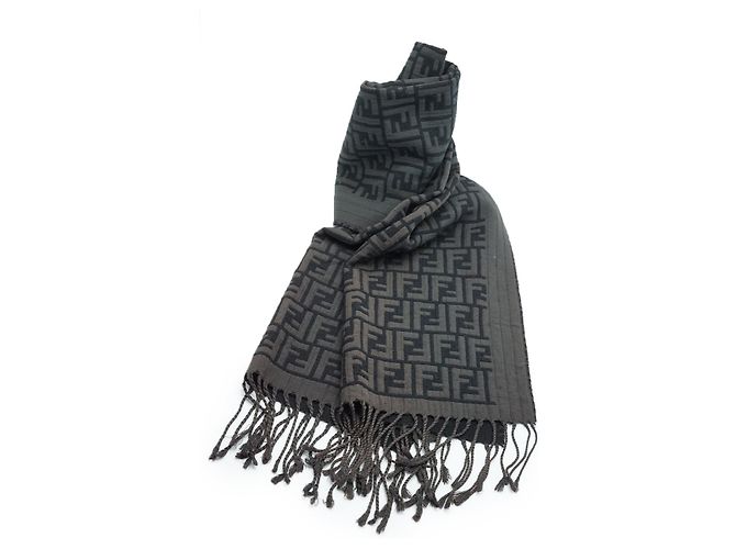 Fendi Sciarpa in lana con frange Zucca Nero Cachi Grigio antracite