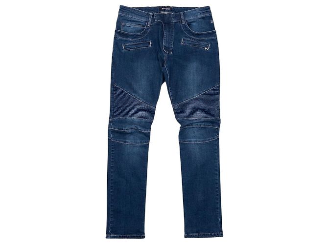 Balmain Dark Wash Biker Denim Jeans Blue
