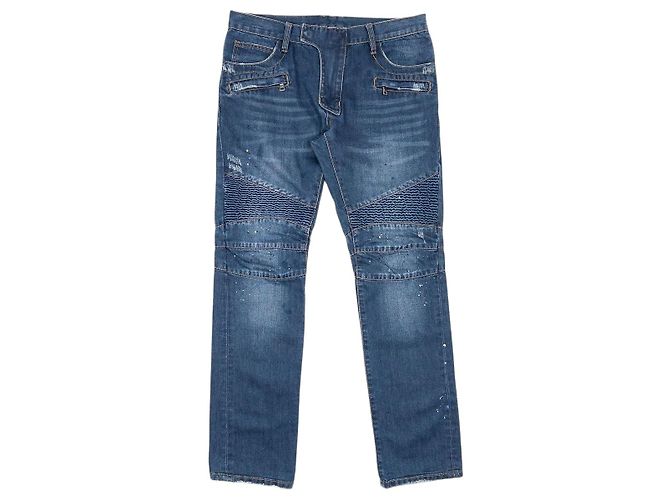 Balmain Dark Wash Biker Denim Jeans Blue