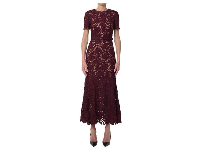 Self portrait Vestido midi de encaje burdeos