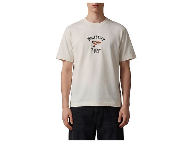 Burberry Camiseta de algodón con bandera a cuadros Blanco
