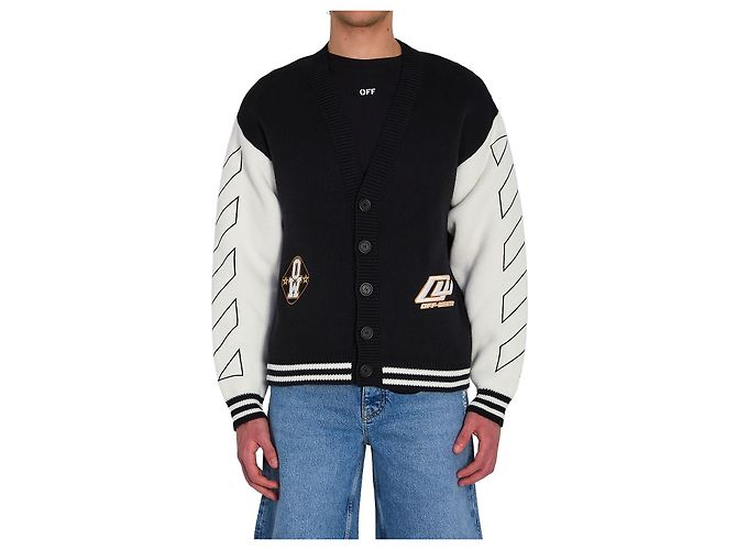 Cardigã Varsity Off White Preto Algodão