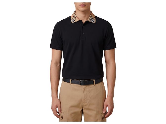 Burberry Polo de algodão com gola xadrez Preto
