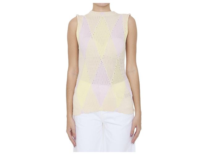 Top sin mangas Burberry Argyle de seda y algodón beige