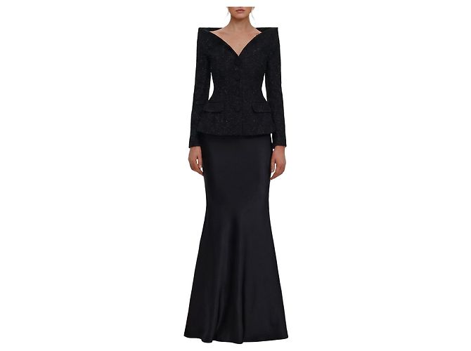 Self portrait Maxikleid aus metallischem Bouclé-Satin Schwarz