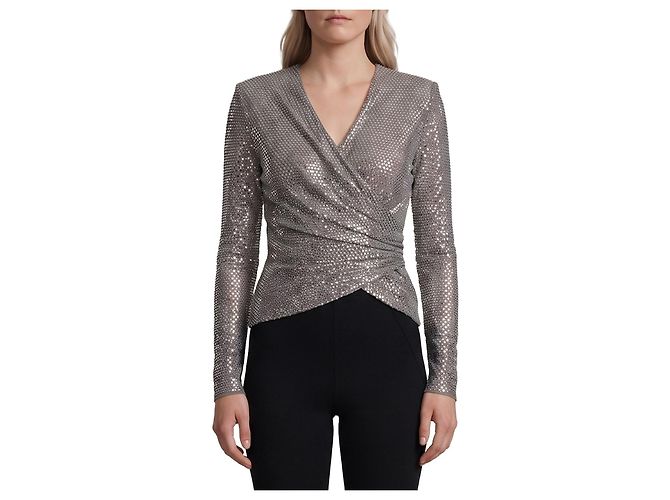 Self portrait Grey rhinestone mesh wrap top