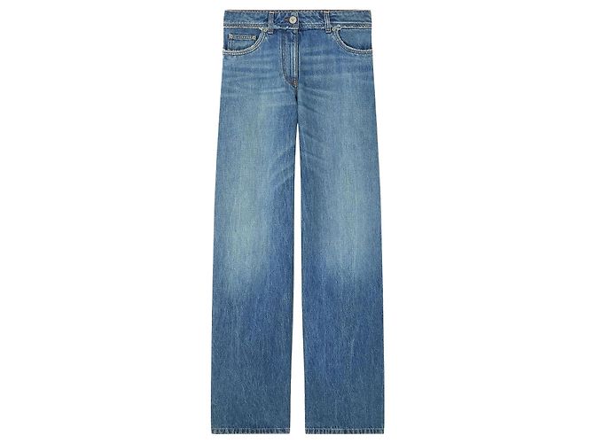 Medusa Jeans Versace de pernas largas em denim azul desfiado