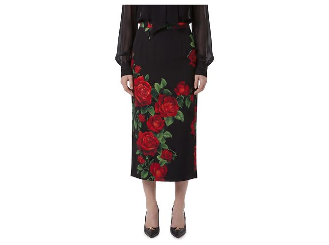 Dolce & Gabbana Saia midi com estampado de rosas vermelhas Preto