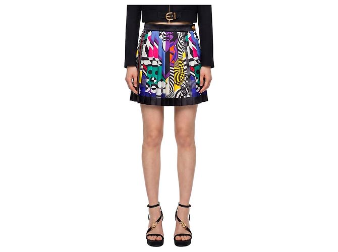 Medusa Versace Printed silk twill pleated miniskirt Black