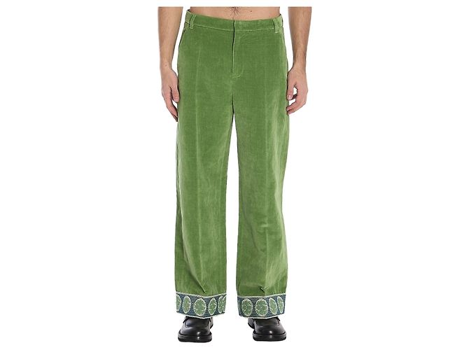 Valentino Garavani Pantalon en velours avec ourlets en jacquard Vert