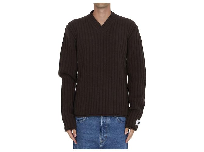 Pull Dolce & Gabbana en laine côtelée marron col V