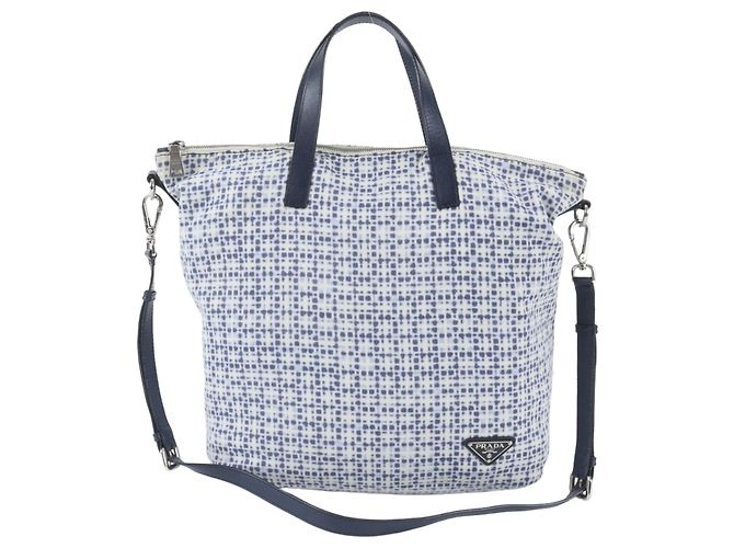 Prada Triangle Logo Leather 2-Way Tote Bag Blue