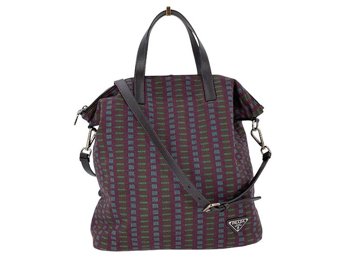 Prada Vintage Multicolour Patterned Cloth 2 Way Tote Shoulder Bag Purple