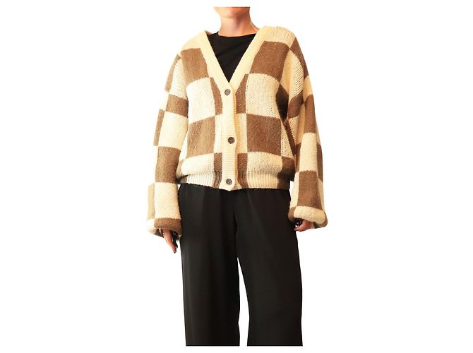 Autre Marque Cardigã de malha xadrez castanho e creme - size L Cru