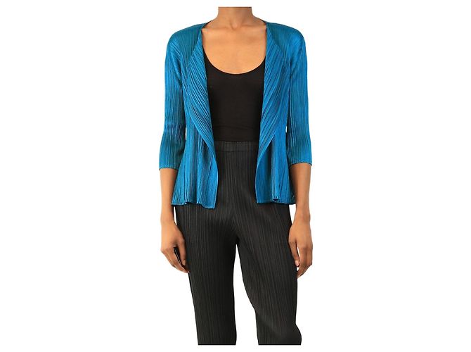 Pleats Please Teal pleated open-front cardigan - size M Blue