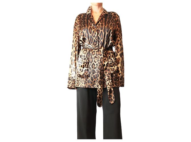 Dolce & Gabbana Blusa de seda castanha com estampado de leopardo e cinto - size UK 12 Marrom