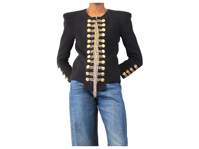 Balmain Navy FW10 chain-embellished Napoleon jacket - size UK 10 Navy blue