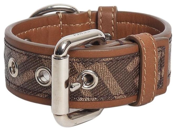 Fendi Collar para perro de cuero marrón con estampado zucca - size XS Castaño