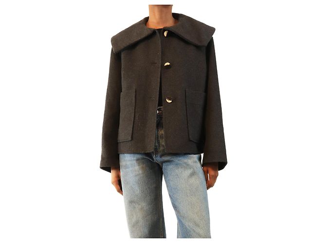Ganni Charcoal cropped wool-blend jacket - size UK 6 Grey